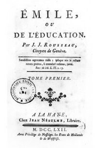 Portada de la primera edición de Emilio o de la Educación. De Jean-Jacques Rousseau (1712-1778) - http://www.allposters.com/-sp/Frontispiece-for-Emile-by-Jean-Jacques-Rousseau-1762-Posters_i1587514_.htm, Dominio público, https://commons.wikimedia.org/w/index.php?curid=1860008